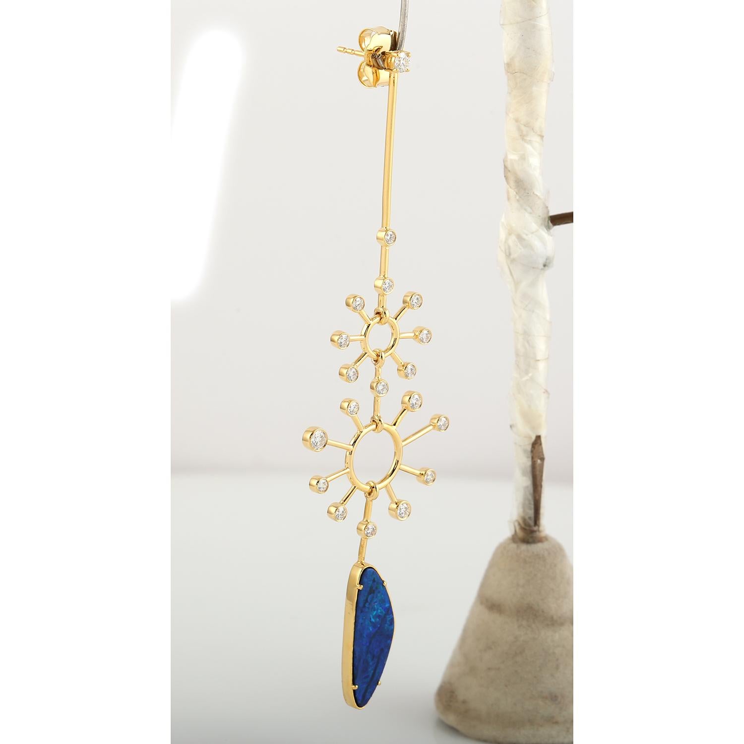 Contemporary Doublet Opal Dangle Earrings With Diamonds Made In 18K Yellow Gold For Sale