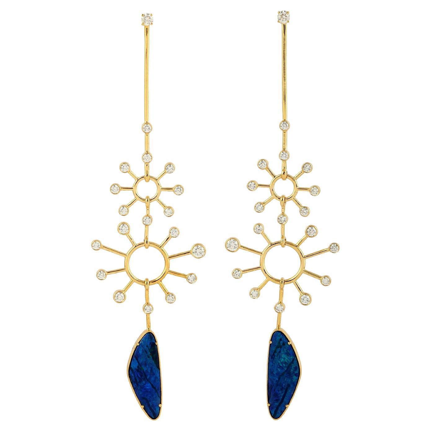 Doublet Opal Dangle Earrings With Diamonds Made In 18K Yellow Gold