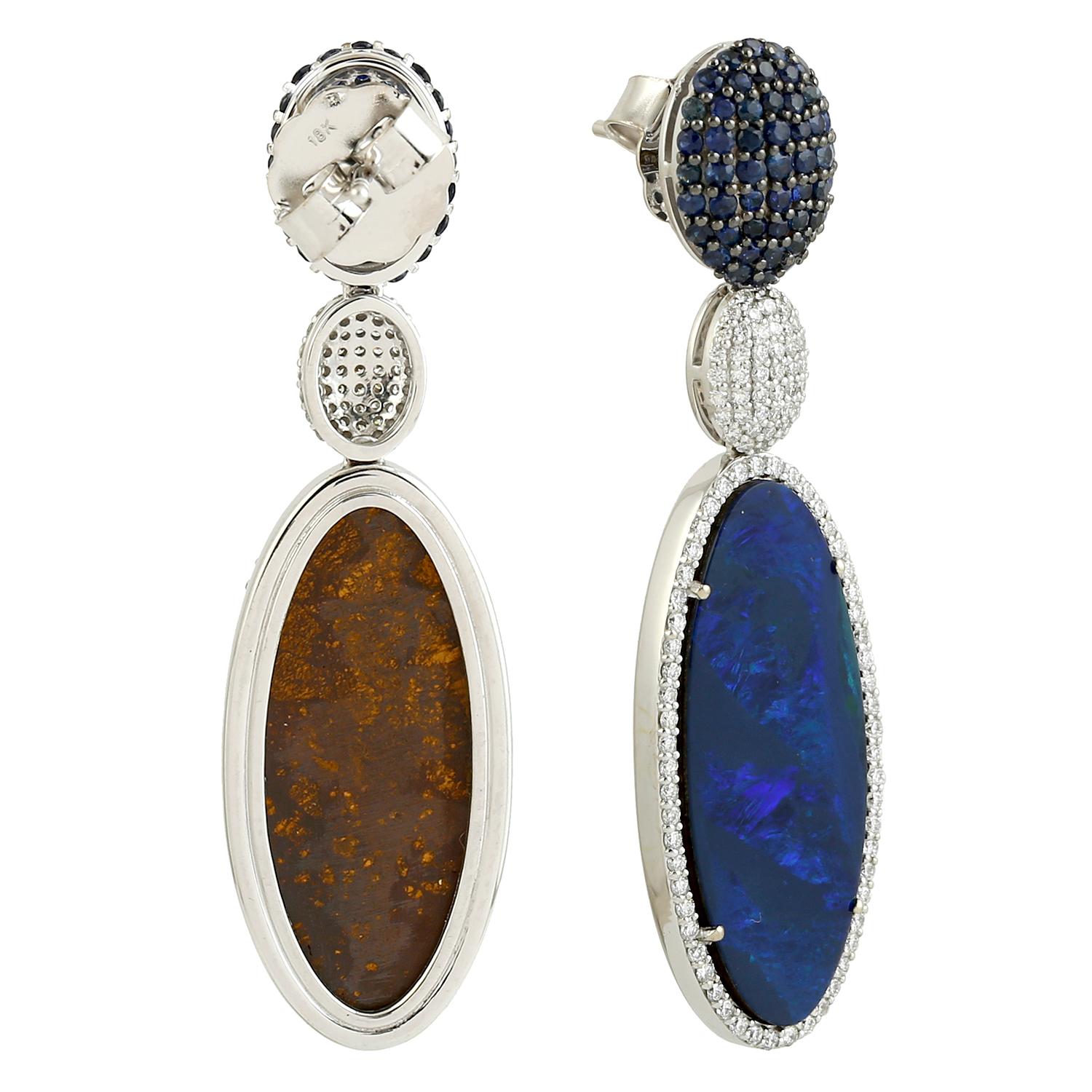 Art Nouveau Doublet Opal Dangle Earrings With Pave Sapphire & Diamonds In 18k White Gold For Sale