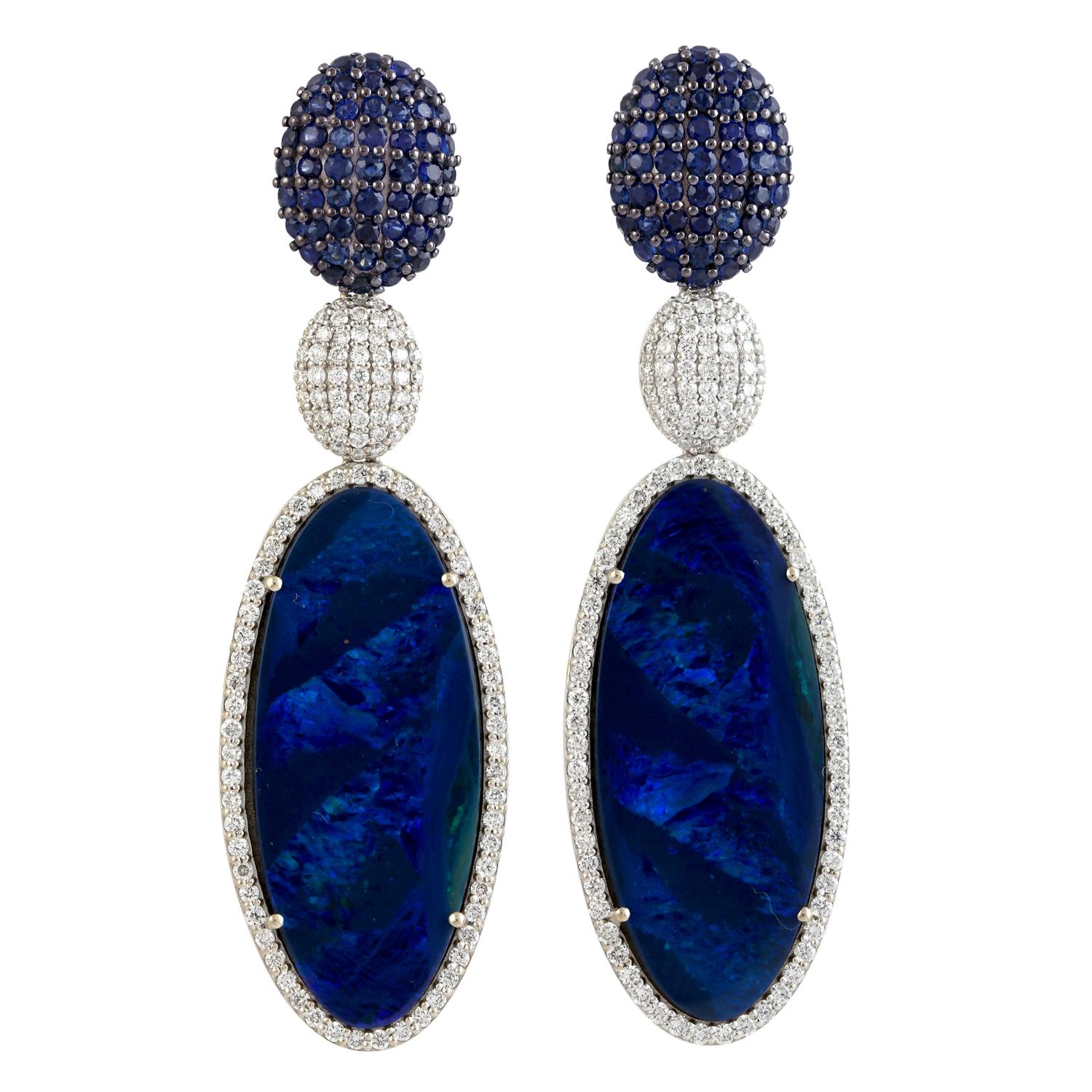 Mixed Cut Doublet Opal Dangle Earrings With Pave Sapphire & Diamonds In 18k White Gold For Sale