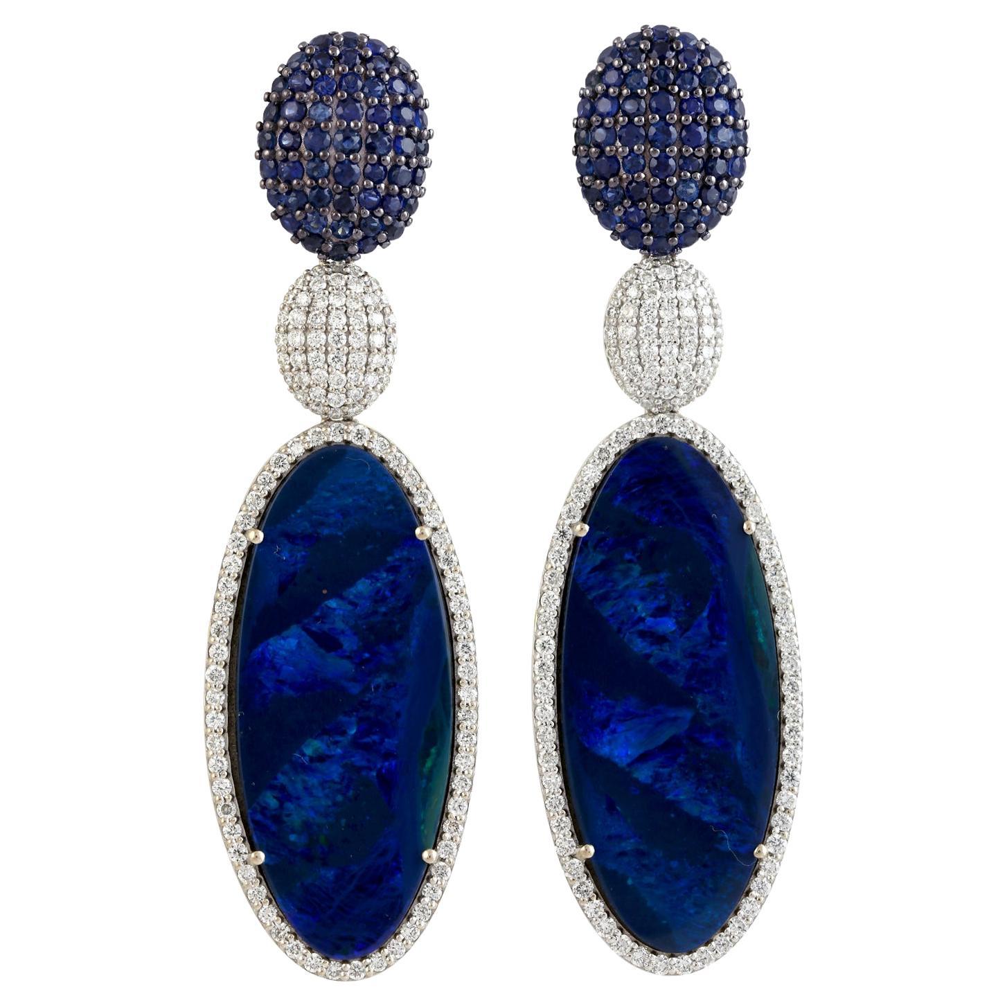 Doublet Opal Dangle Earrings With Pave Sapphire & Diamonds In 18k White Gold