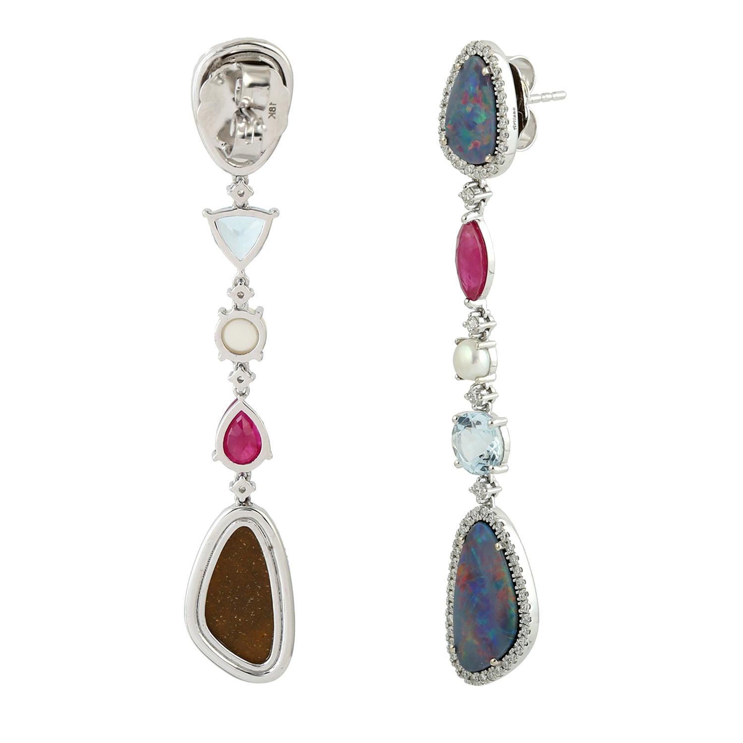 Contemporary Doublet Opal Earrings Accented With Multi Gemstones & Diamonds In 18k White Gold For Sale