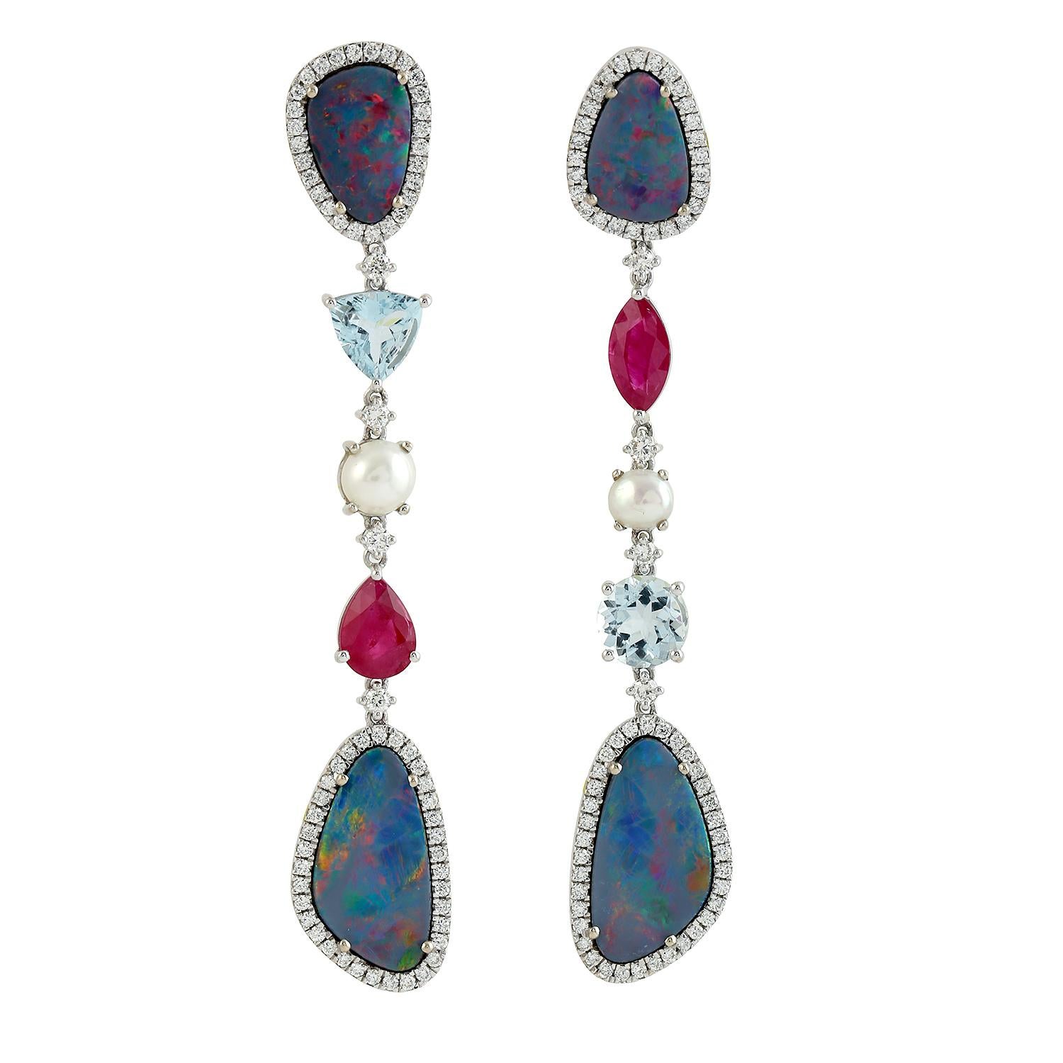 Mixed Cut Doublet Opal Earrings Accented With Multi Gemstones & Diamonds In 18k White Gold For Sale