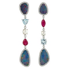 Doublet Opal Earrings Accented With Multi Gemstones & Diamonds In 18k White Gold