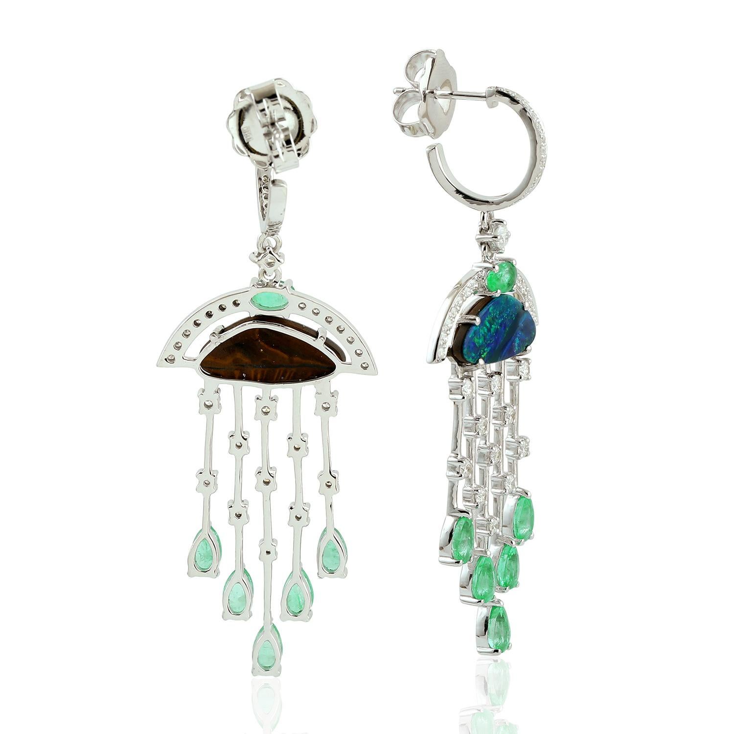 Artisan Doublet Opal & Emerald Chandelier Earrings With Diamonds Made 18k White Gold For Sale