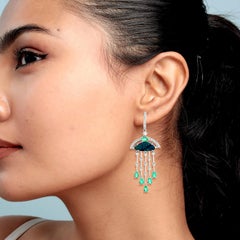 Doublet Opal & Emerald Chandelier Earrings With Diamonds Made 18k White Gold