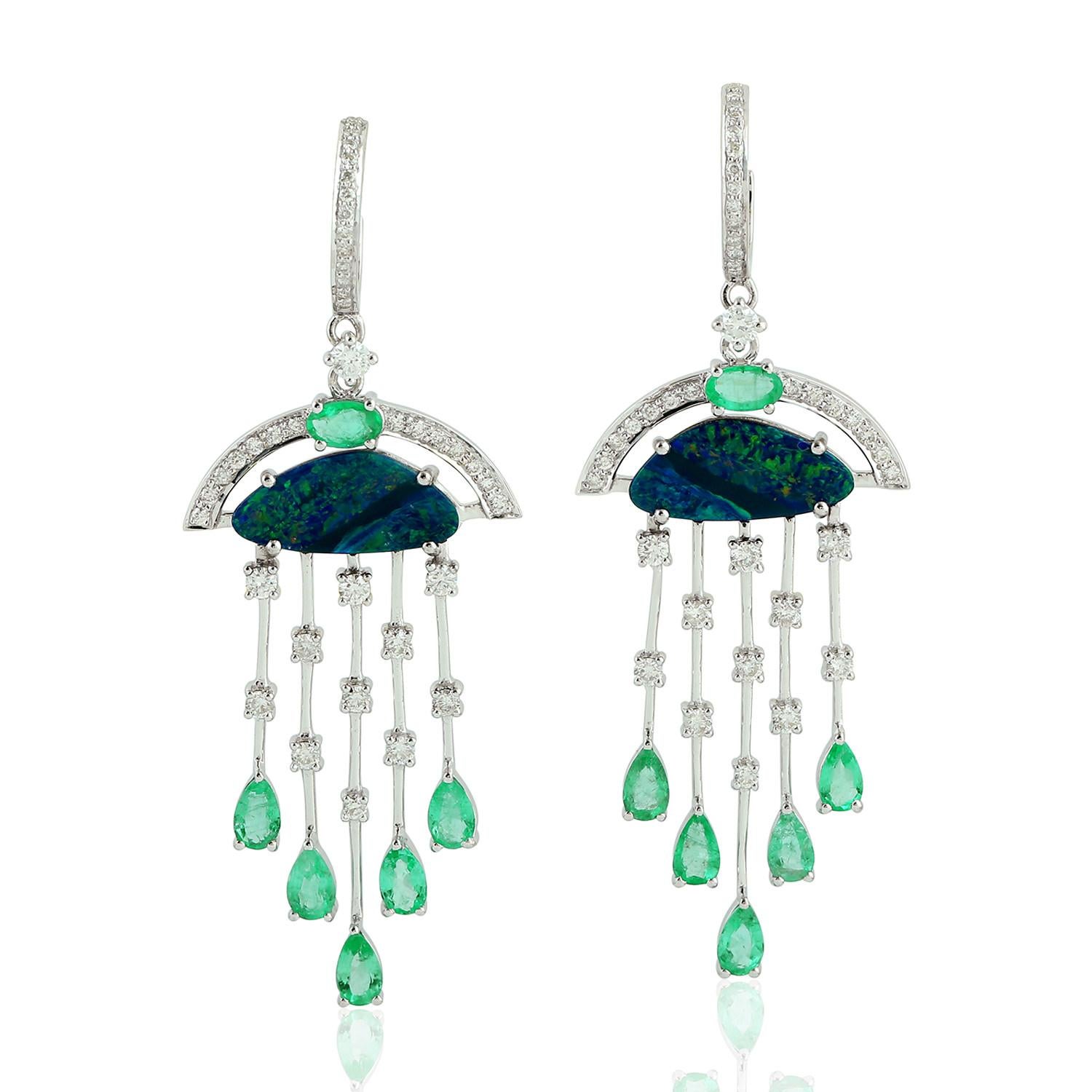 Mixed Cut Doublet Opal & Emerald Chandelier Earrings With Diamonds Made 18k White Gold For Sale