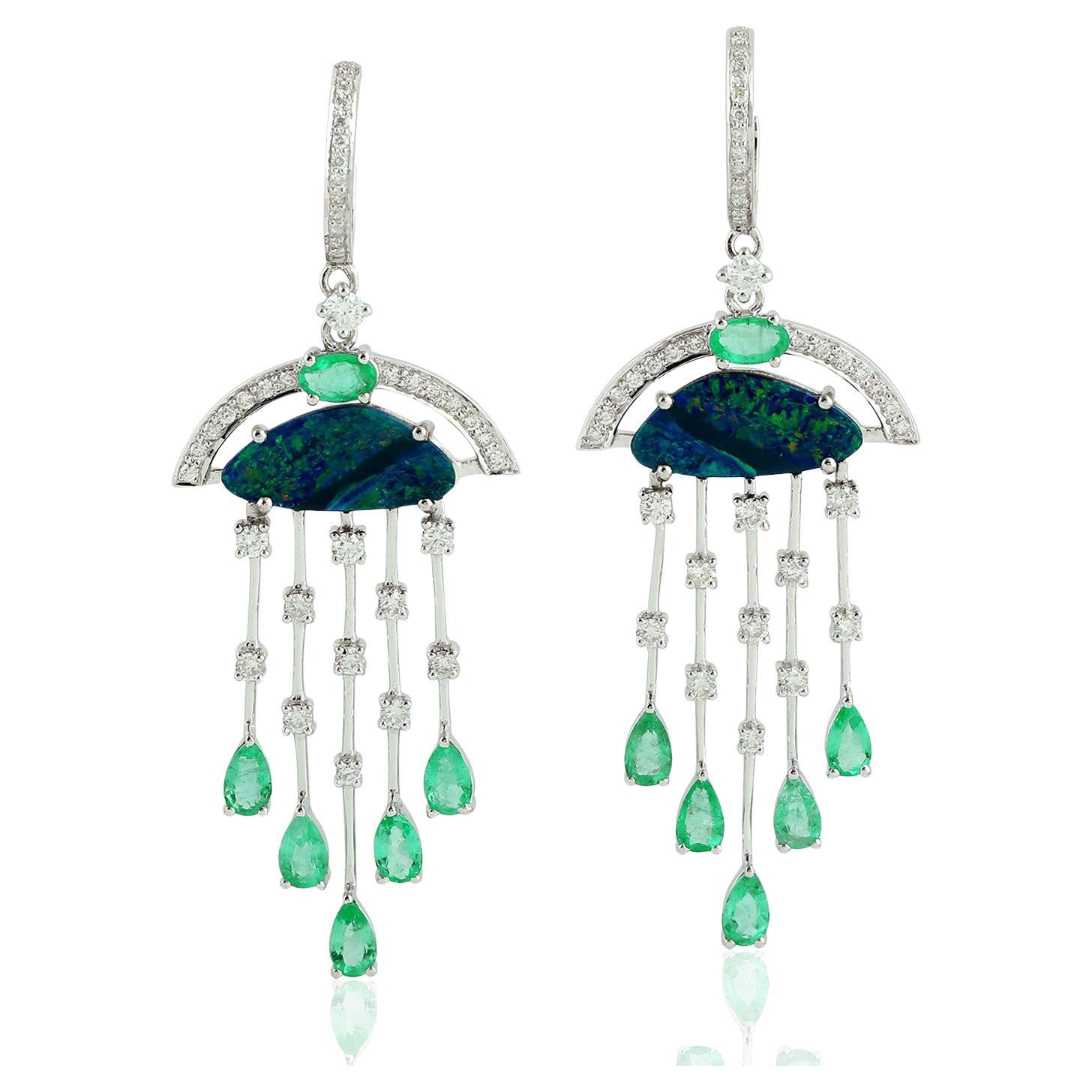 Doublet Opal & Emerald Chandelier Earrings With Diamonds Made 18k White Gold For Sale