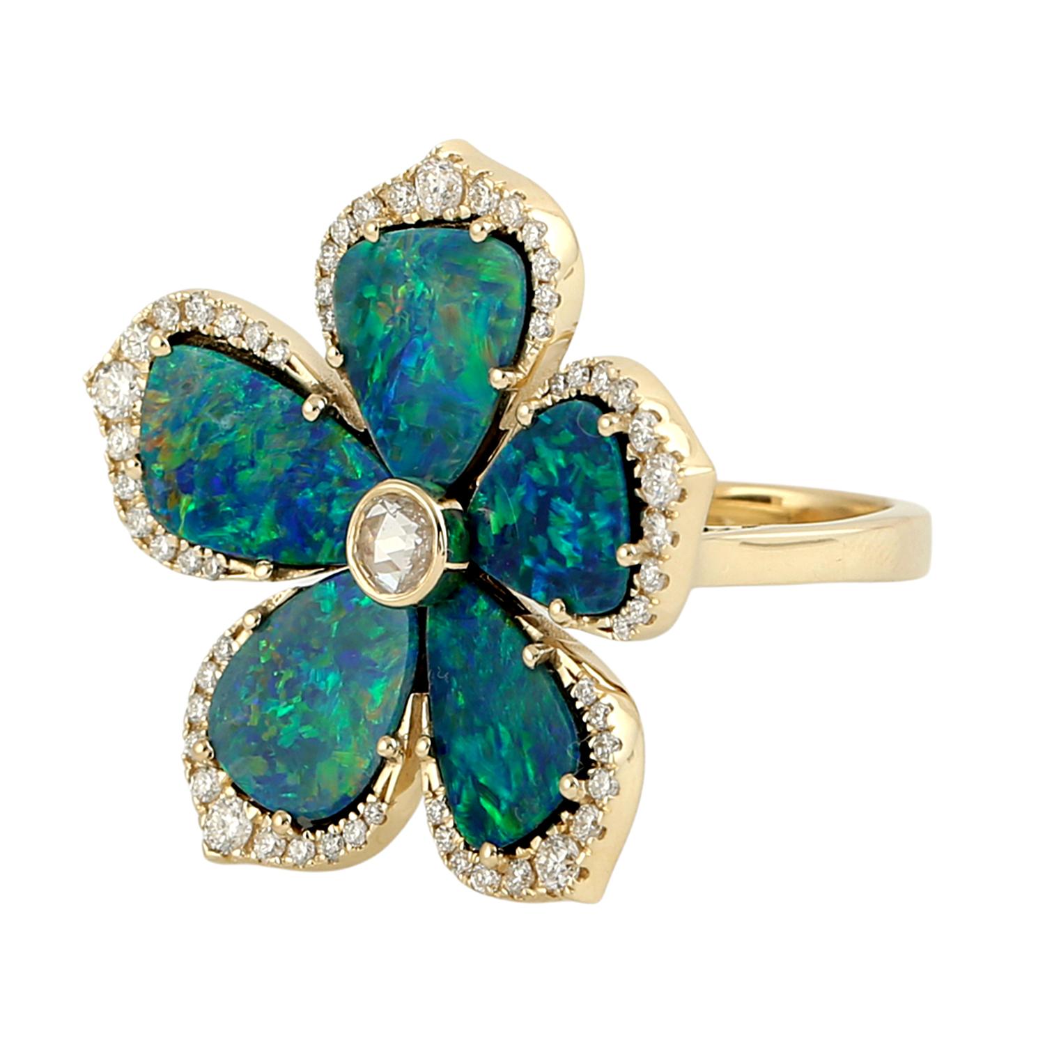 Mixed Cut Doublet Opal Flower Ring Accented With Diamonds In 14k Yellow Gold