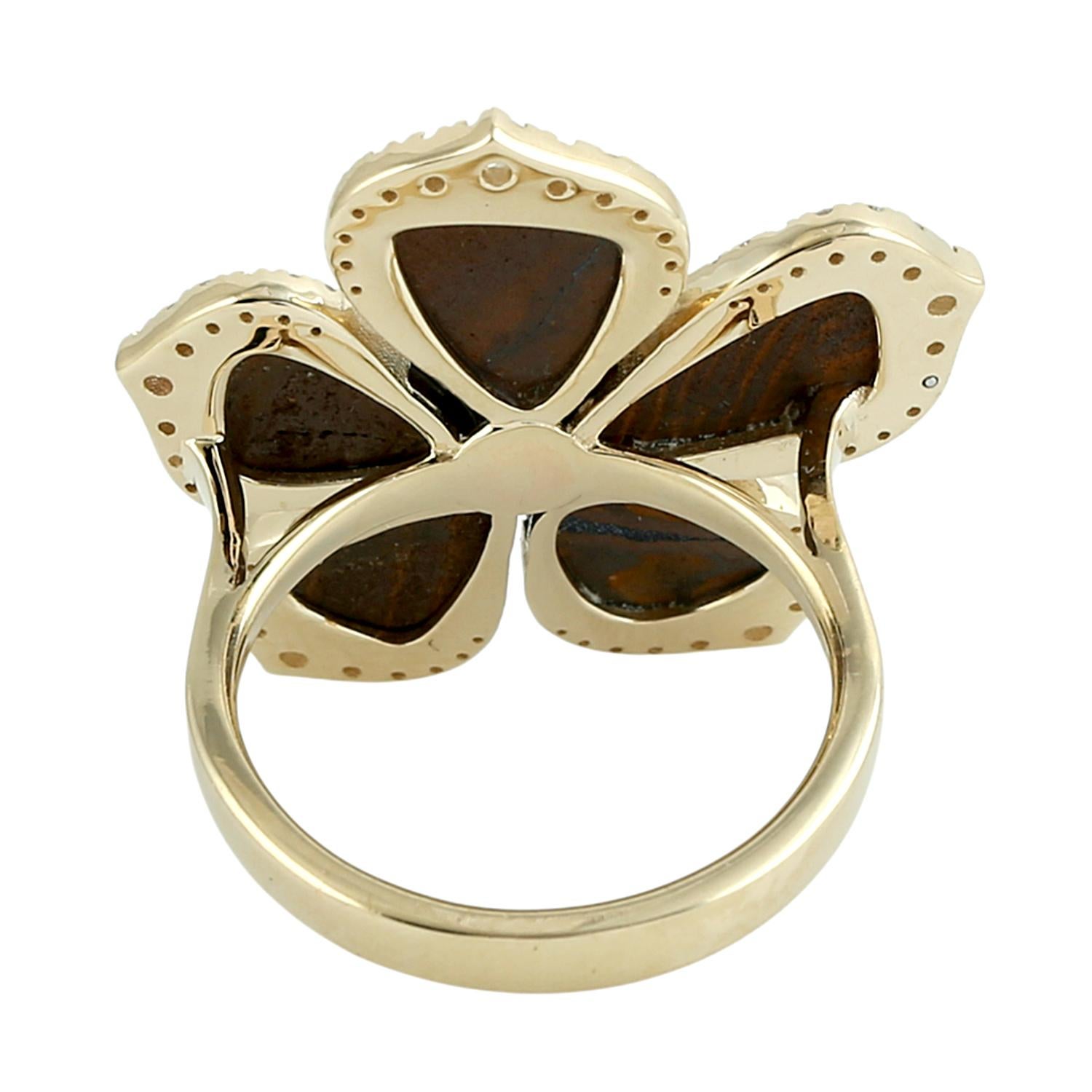 Doublet Opal Flower Ring Accented With Diamonds In 14k Yellow Gold In New Condition In New York, NY