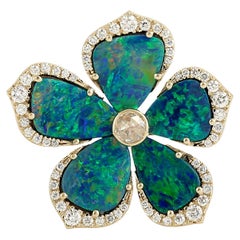 Doublet Opal Flower Ring Accented With Diamonds In 14k Yellow Gold