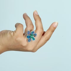 Doublet Opal Flower Ring With Emerald & Diamonds Made In 18K White Gold