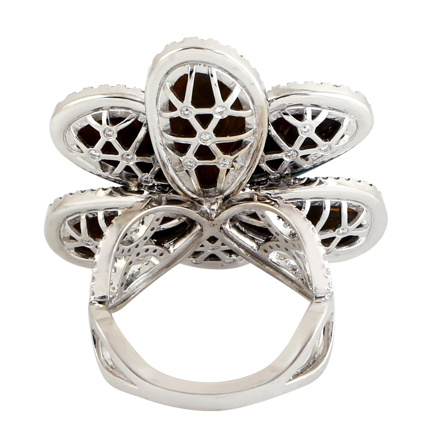 Artisan Doublet Opal Flower Ring With Emerald & Diamonds Made In 18K White Gold For Sale