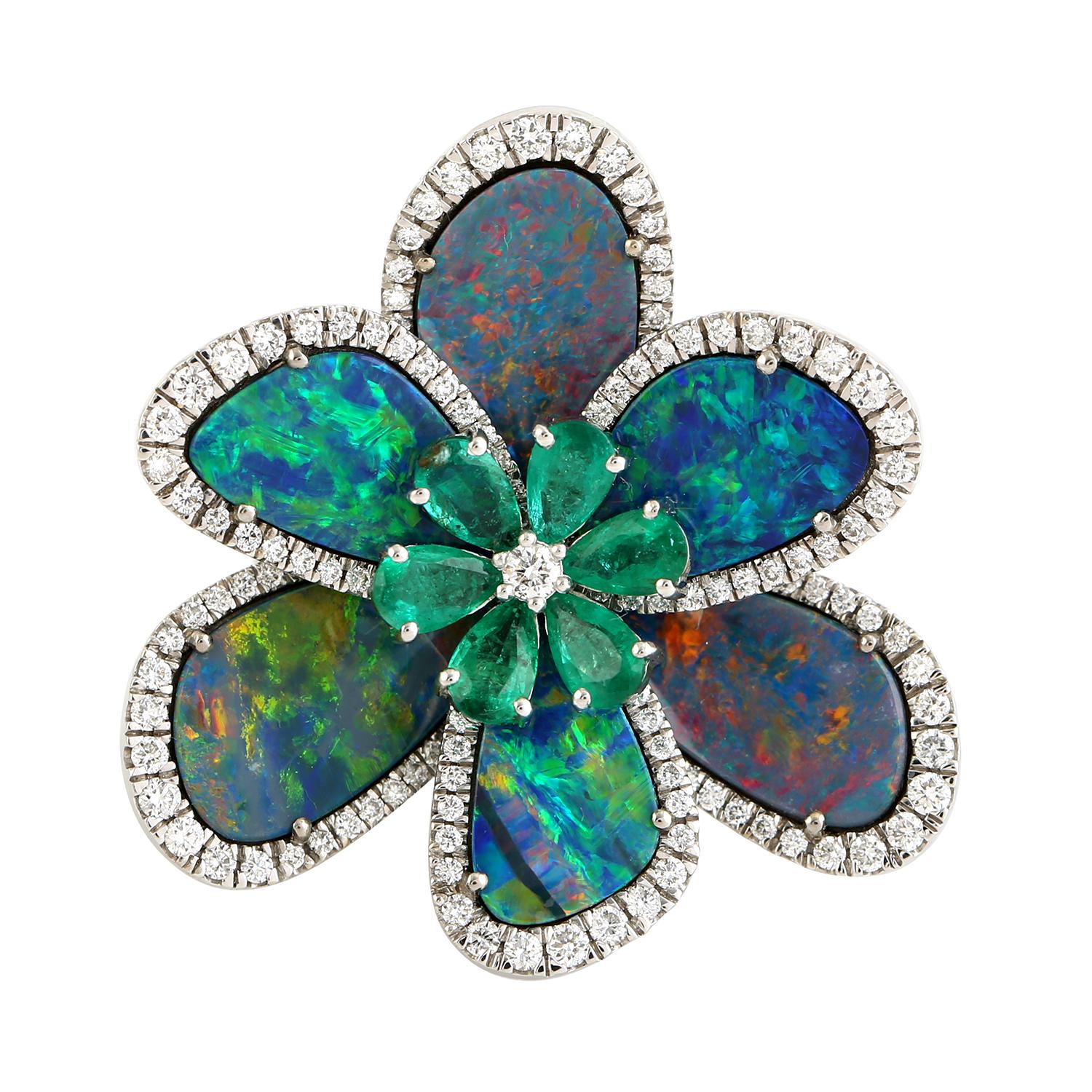 Mixed Cut Doublet Opal Flower Ring With Emerald & Diamonds Made In 18K White Gold For Sale