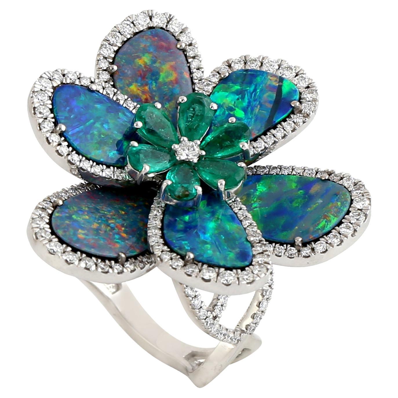 Doublet Opal Flower Ring With Emerald & Diamonds Made In 18K White Gold For Sale