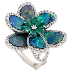 Doublet Opal Flower Ring With Emerald & Diamonds Made In 18K White Gold