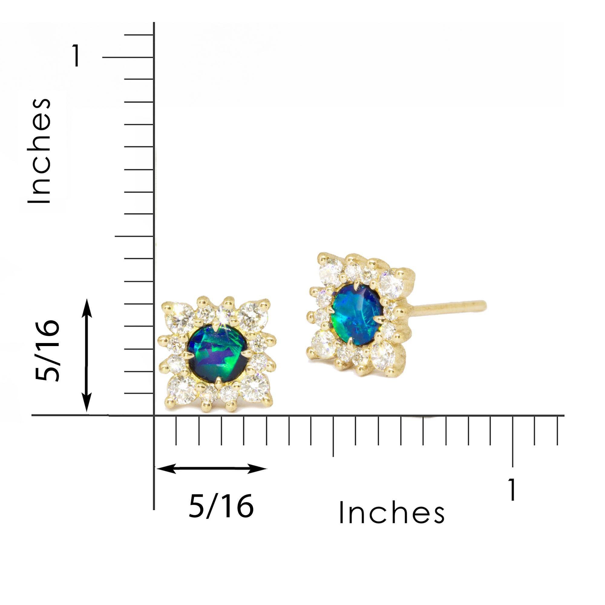 Sunny days ahead! Dive into our Doublet Opal Gold Stud Earrings which flash green and blue, the colors of your favorite tropical beach escape. A bright, white diamond halo around the opals ensures you’ll shine from all angles, whether you’re on