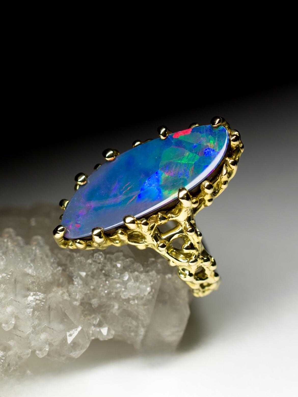 Doublet Opal Gold Ring Polychrome Gem Natural Harlequin Opal Polar Lights Unisex For Sale 4