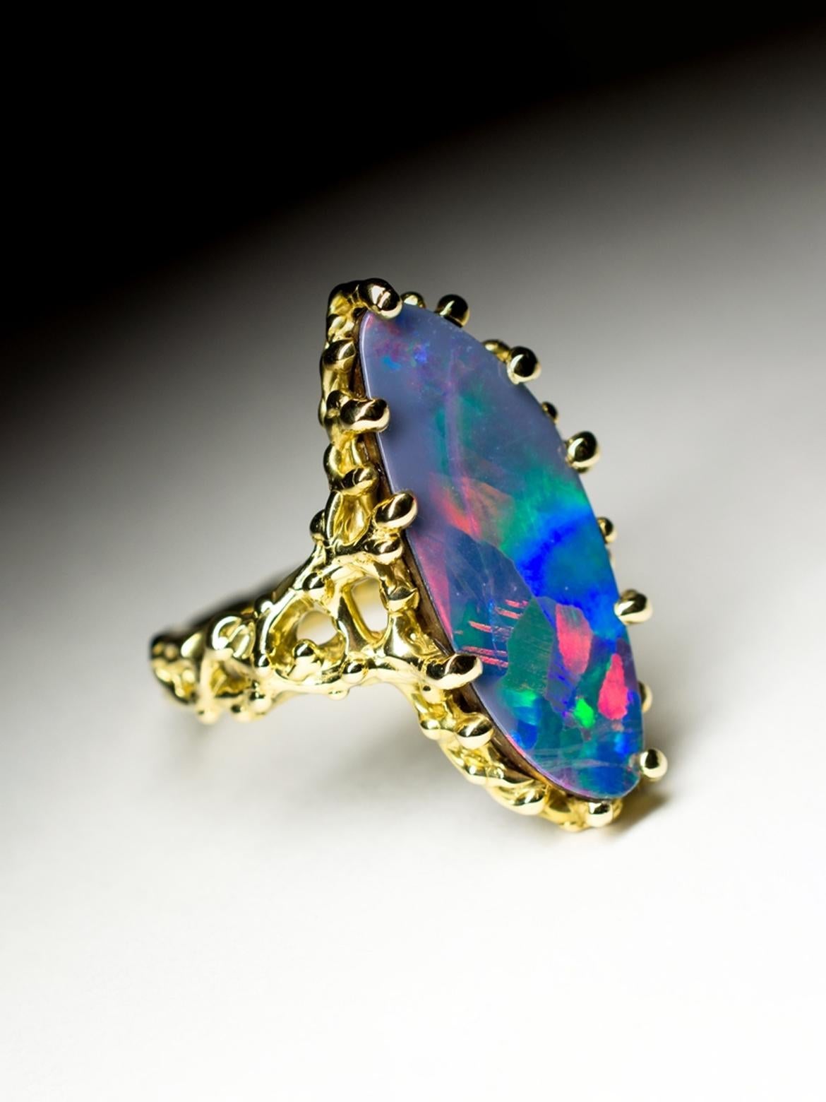 Doublet Opal Gold Ring Polychrome Gem Natural Harlequin Opal Polar Lights Unisex For Sale 5