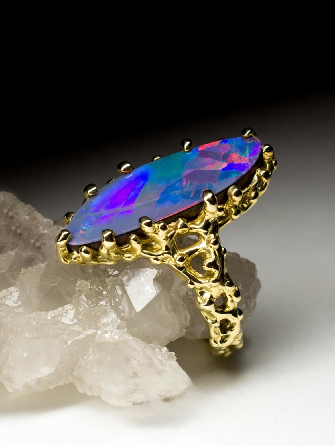 Doublet Opal Gold Ring Polychrome Gem Natural Harlequin Opal Polar Lights Unisex For Sale 6