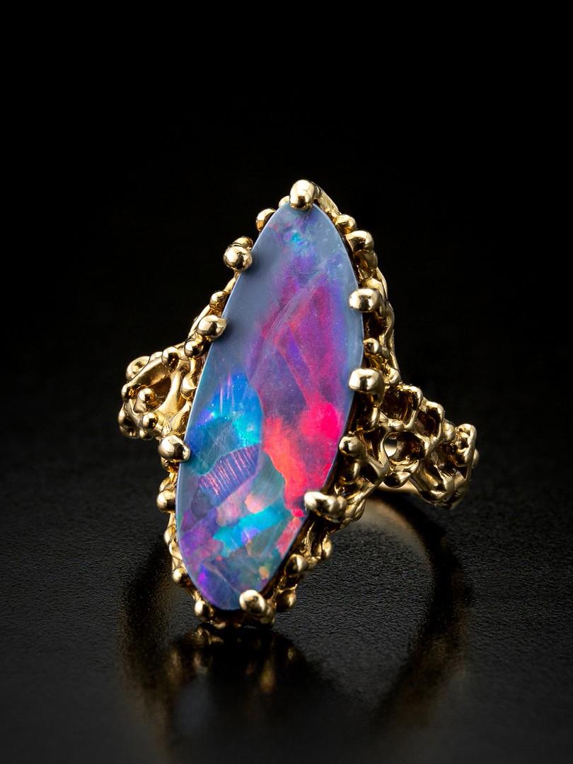 Art Deco Doublet Opal Gold Ring Polychrome Gem Natural Harlequin Opal Polar Lights Unisex For Sale