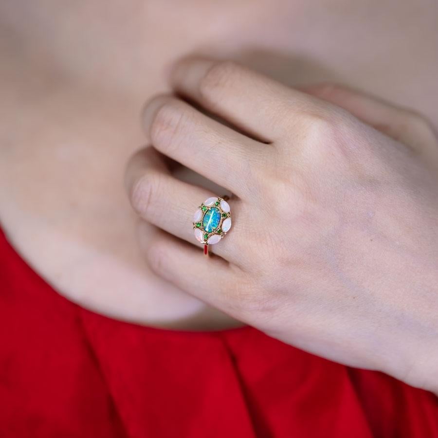 Arts and Crafts Doublet Opal Marquise White Opal Tsavorite Engagement Ring 18K Yellow Gold For Sale