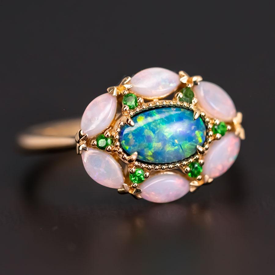 Marquise Cut Doublet Opal Marquise White Opal Tsavorite Engagement Ring 18K Yellow Gold For Sale