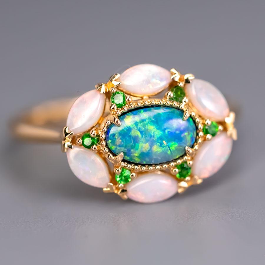Doublet Opal Marquise White Opal Tsavorite Engagement Ring 18K Yellow Gold In New Condition For Sale In Suwanee, GA