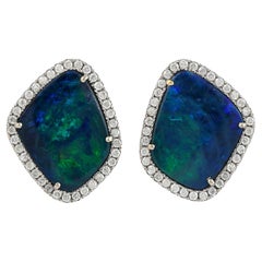 Doublet Opal Minimal Stud Earrings With Diamonds Made In 18K White Gold