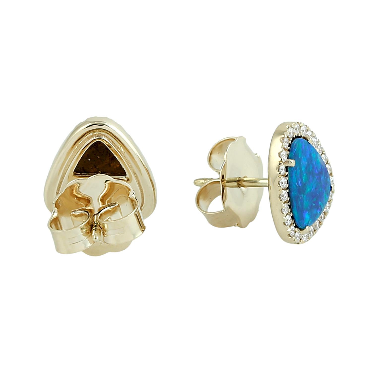 Taglio misto Doublet Opal Minimal Studs With Diamonds In 14k Yellow Gold in vendita