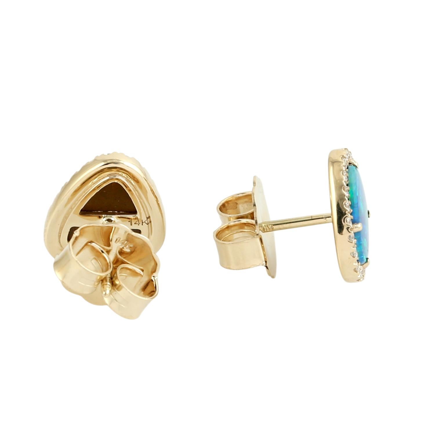 Taglio misto Doublet Opal Minimal Studs With Diamonds In 14k Yellow Gold in vendita