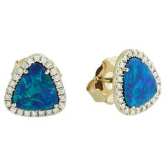 Doublet Opal Minimal Studs With Diamonds In 14k Yellow Gold