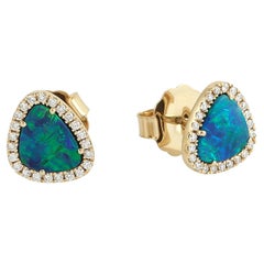 Doublet Opal Minimal Studs With Diamonds In 14k Yellow Gold