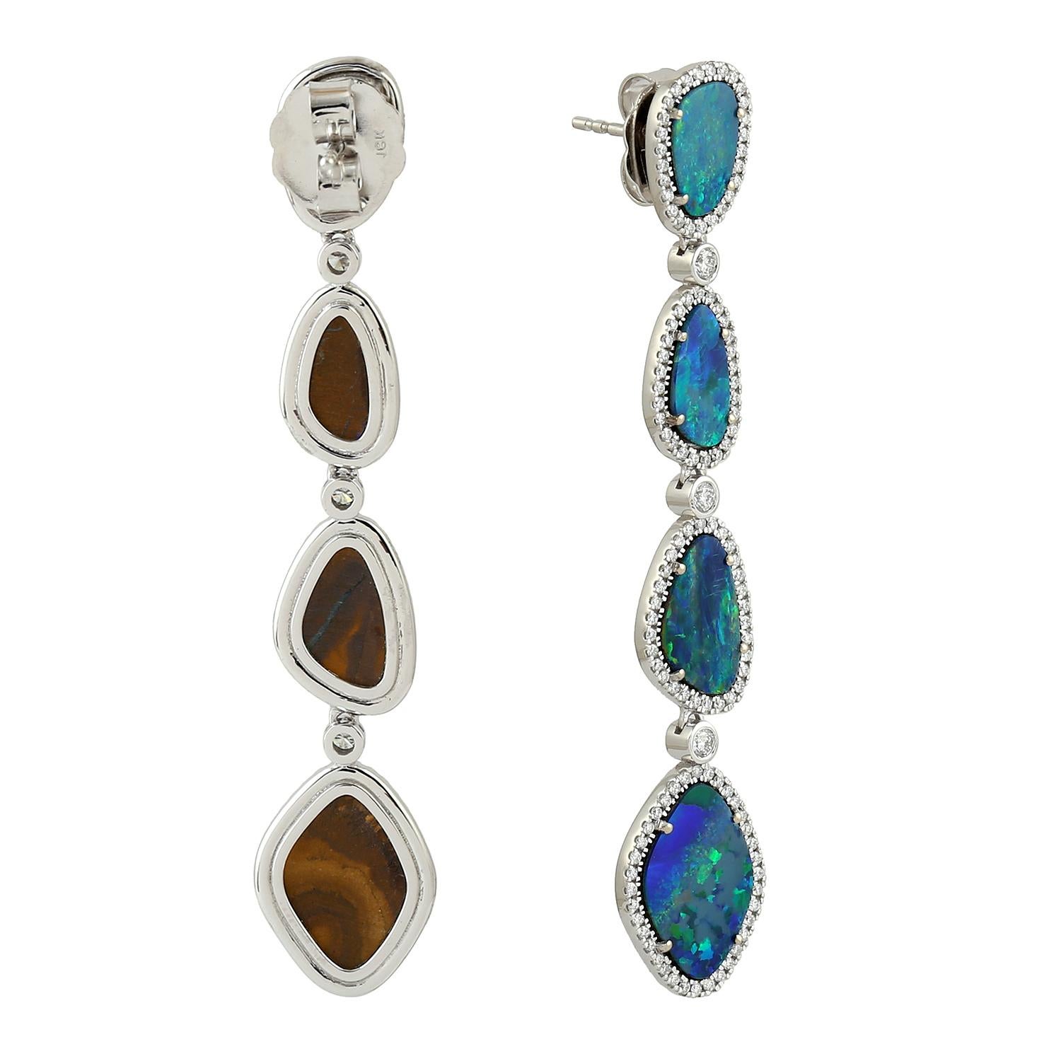 Art Nouveau Doublet Opal Multi Tier Dangle Earrings With Diamonds Made In 18k White Gold For Sale