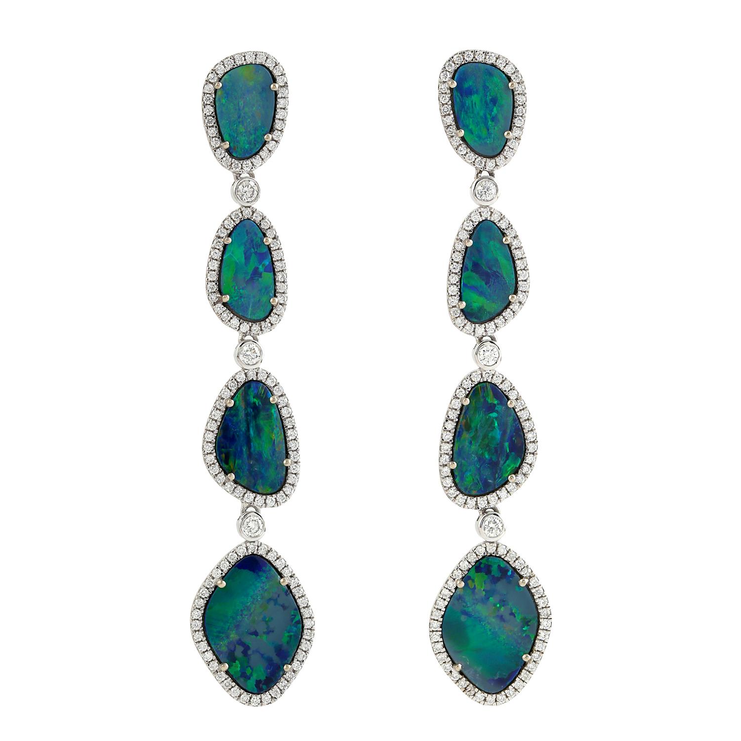 Mixed Cut Doublet Opal Multi Tier Dangle Earrings With Diamonds Made In 18k White Gold For Sale