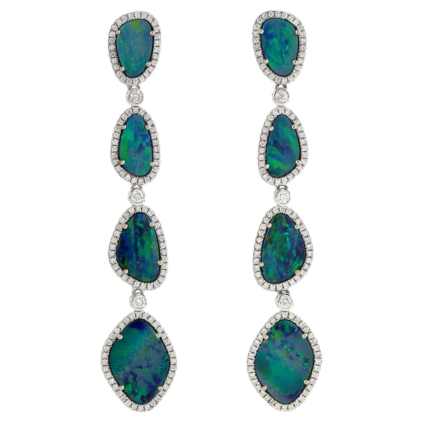 Doublet Opal Multi Tier Dangle Earrings With Diamonds Made In 18k White Gold For Sale