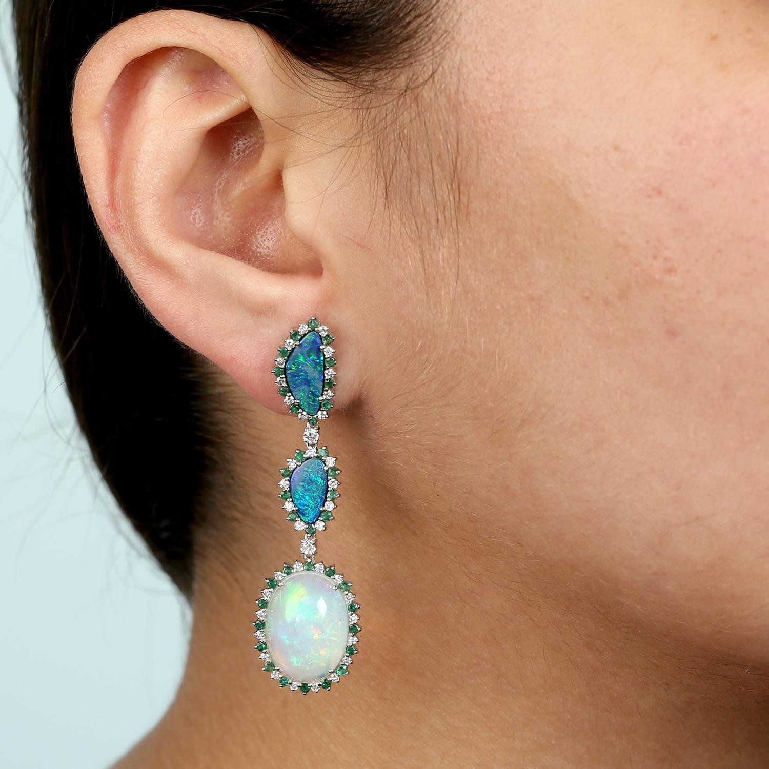 Artisan Doublet Opal & Ethiopian Opal Dangle Earring With Emerald & Diamonds In 18k Gold For Sale