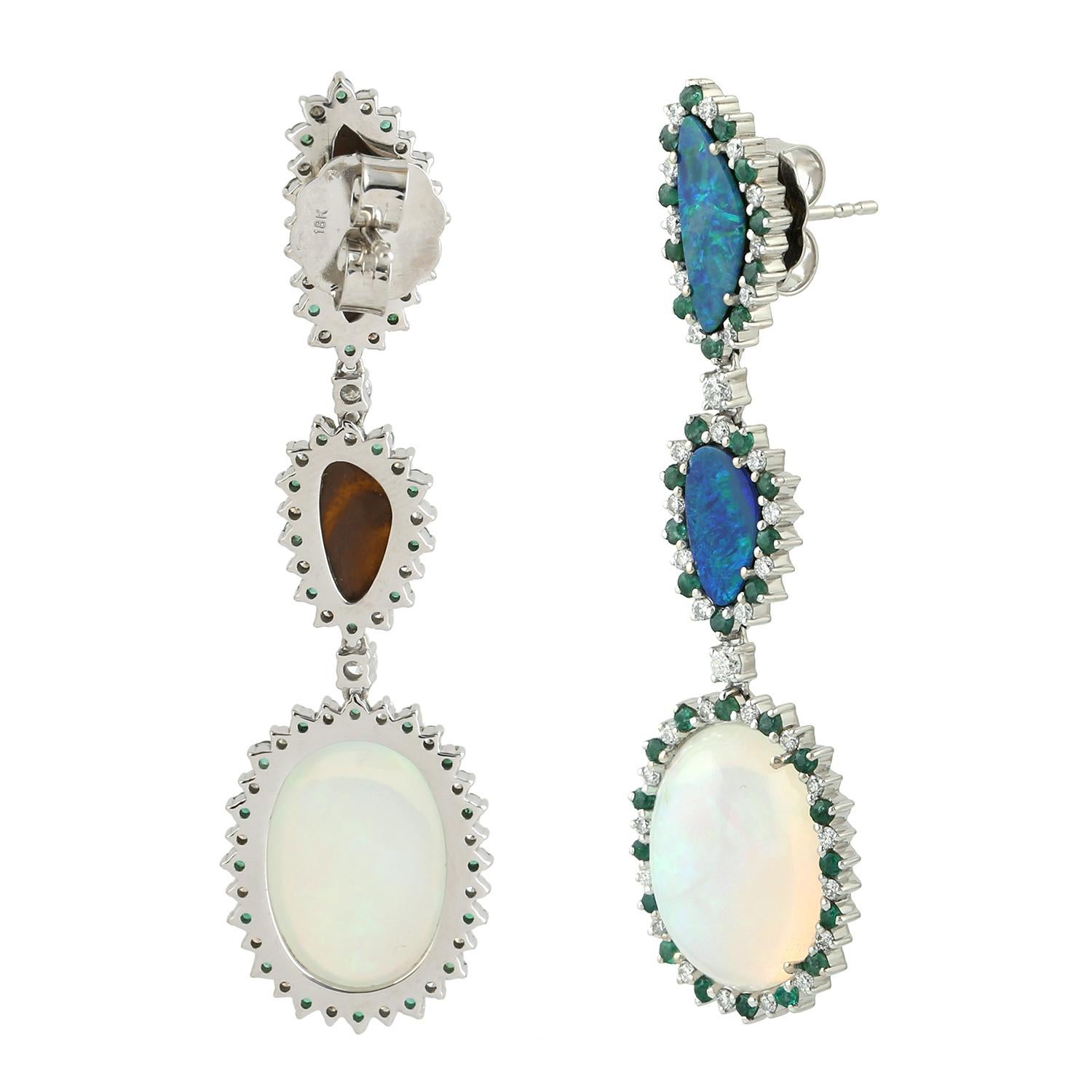Mixed Cut Doublet Opal & Ethiopian Opal Dangle Earring With Emerald & Diamonds In 18k Gold For Sale