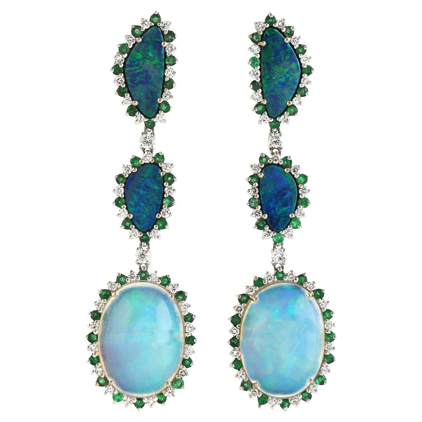 Doublet Opal & Ethiopian Opal Dangle Earring With Emerald & Diamonds In 18k Gold