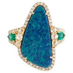 Doublet Opal Ring Accented With Emerald & Diamonds In 18k Yellow Gold