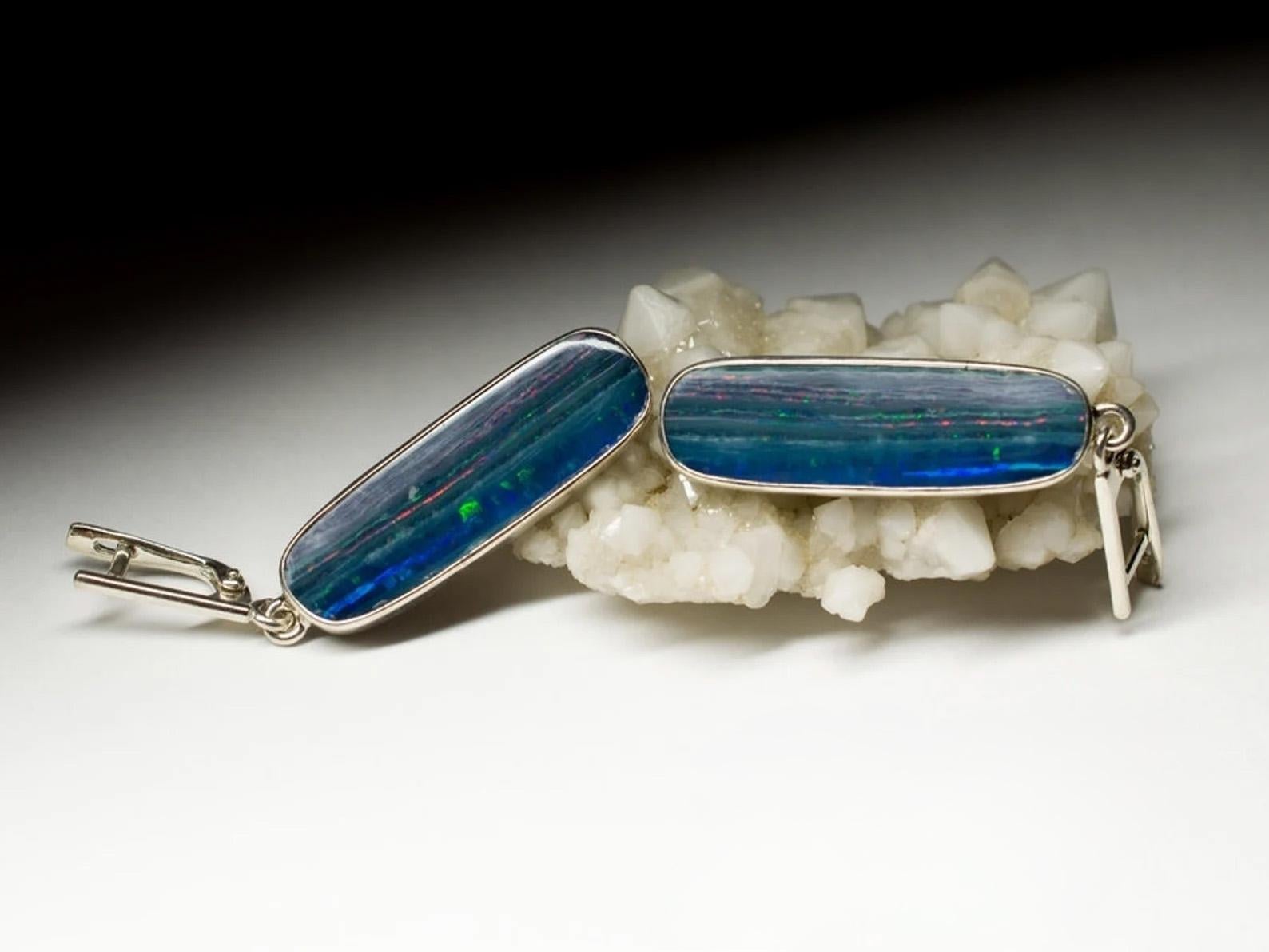 Doublet Opal Silver Earrings Tiger Stripe Pattern Sky Blue Multicolor Gemstone For Sale 4