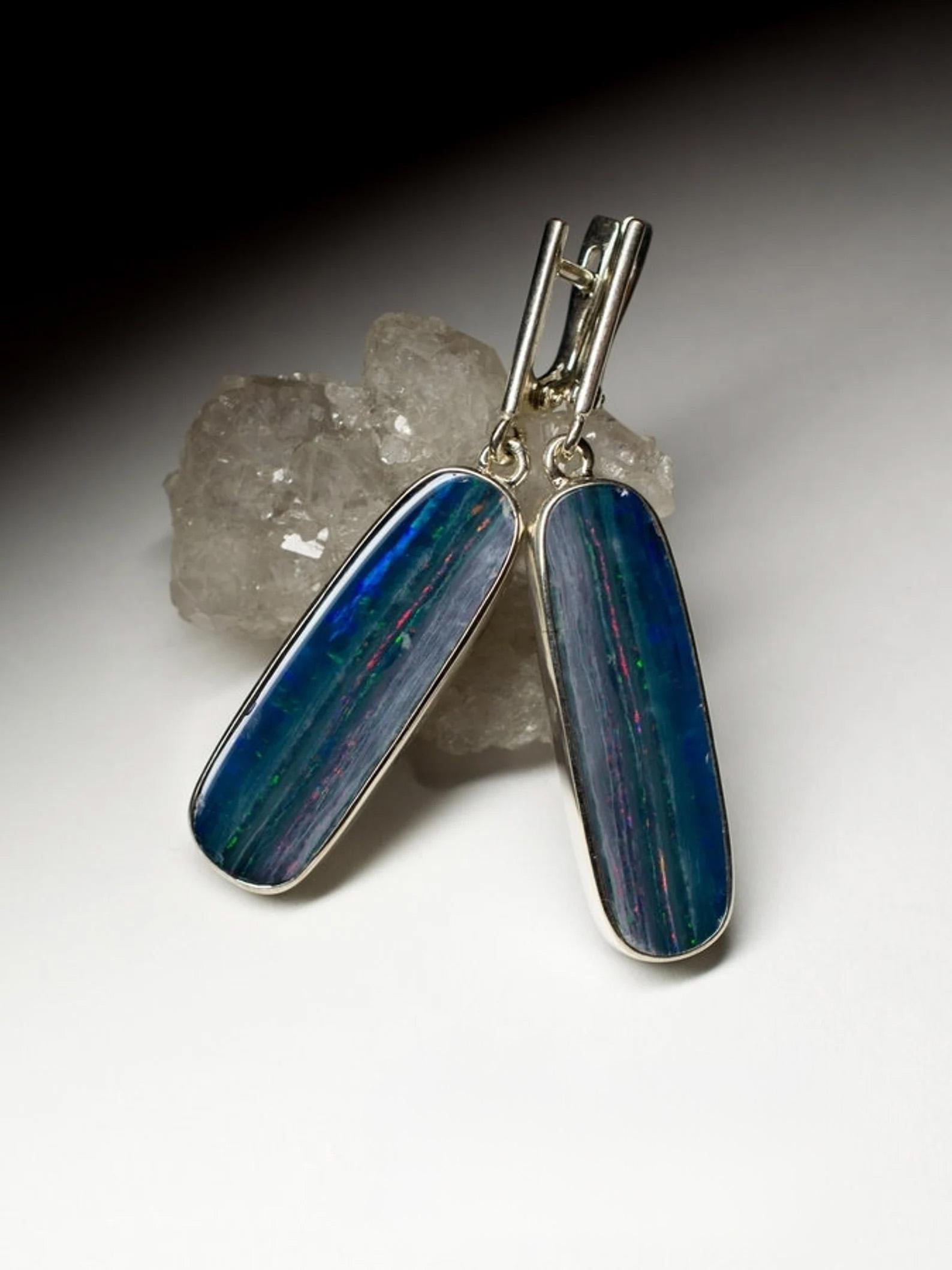 Artisan Doublet Opal Silver Earrings Tiger Stripe Pattern Sky Blue Multicolor Gemstone For Sale