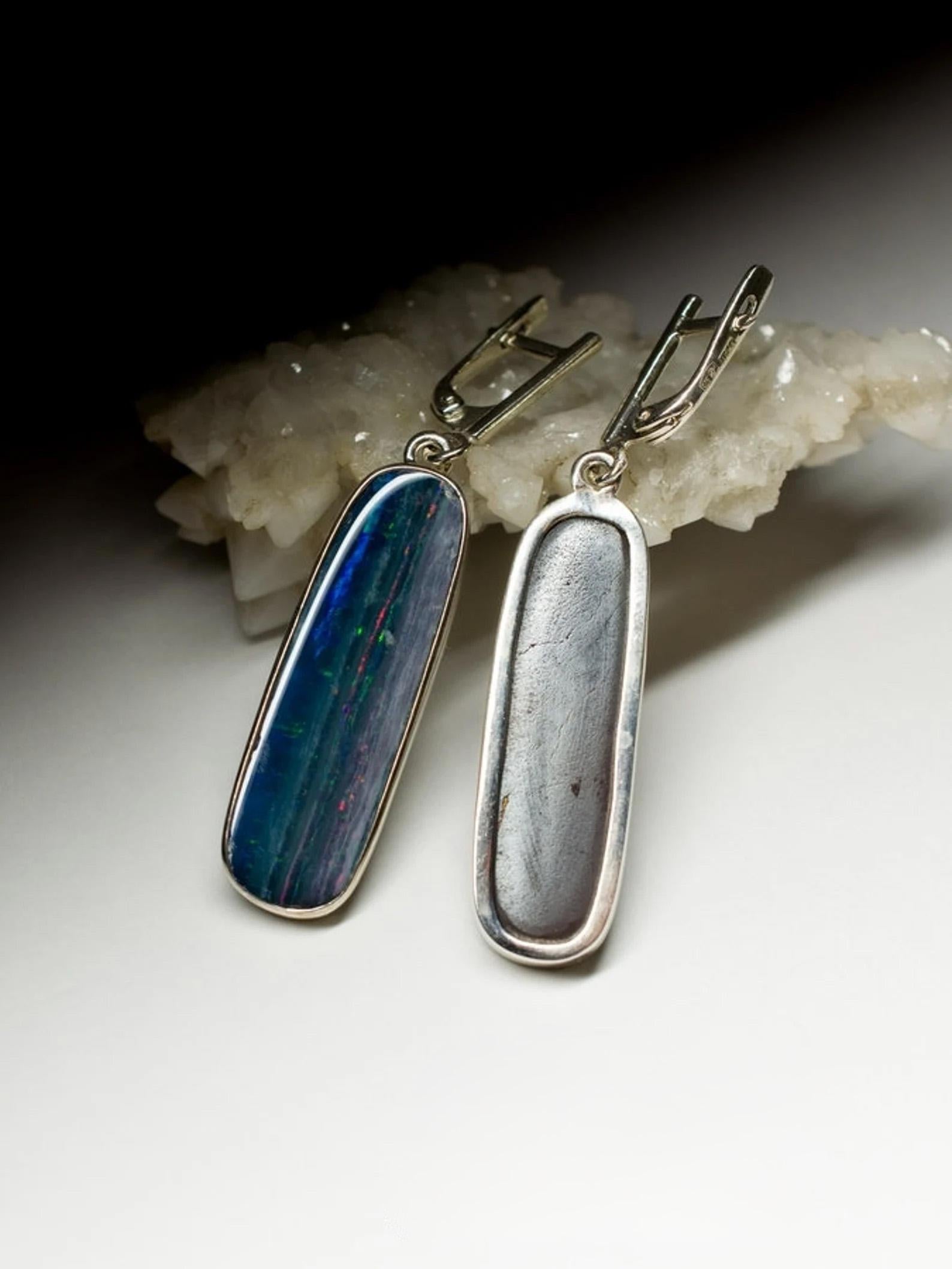 Women's or Men's Doublet Opal Silver Earrings Tiger Stripe Pattern Sky Blue Multicolor Gemstone For Sale