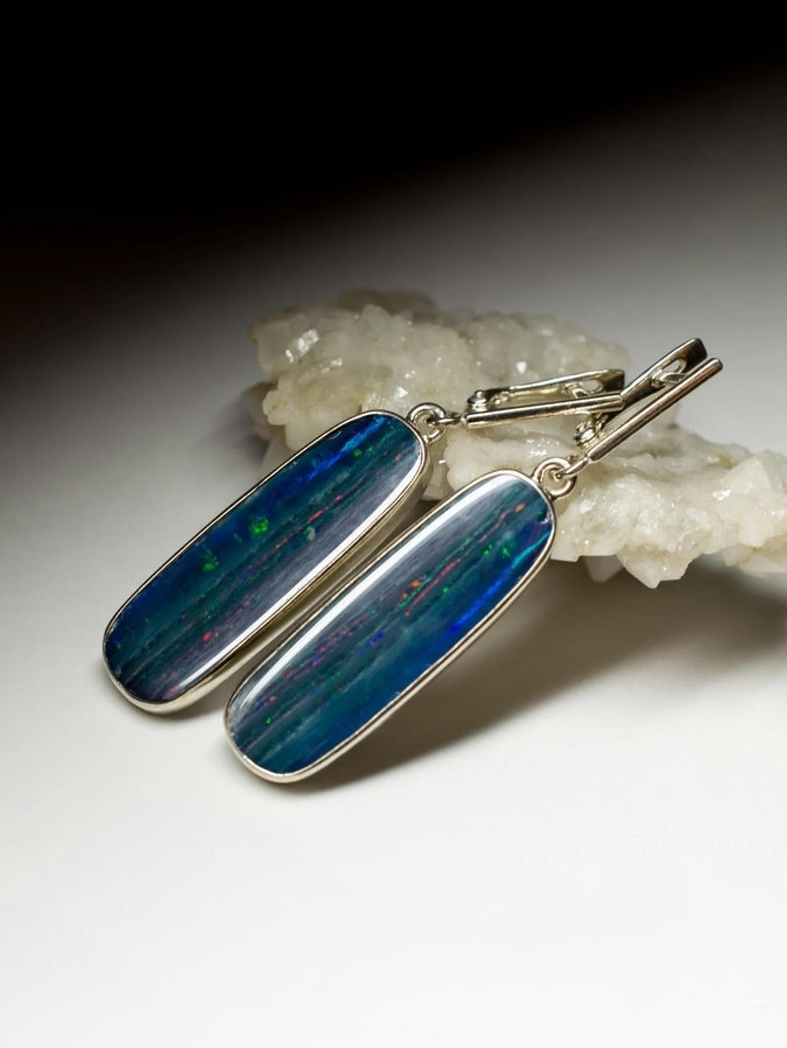 Doublet Opal Silver Earrings Tiger Stripe Pattern Sky Blue Multicolor Gemstone For Sale 1