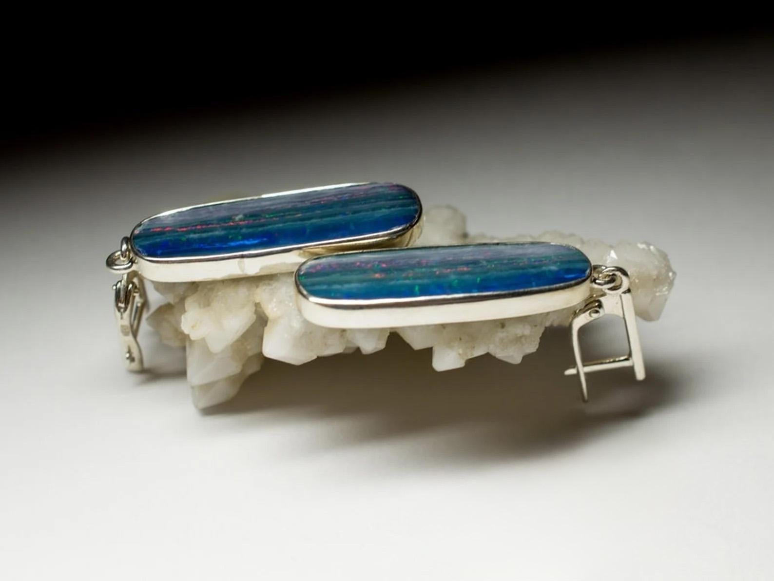 Doublet Opal Silver Earrings Tiger Stripe Pattern Sky Blue Multicolor Gemstone For Sale 3
