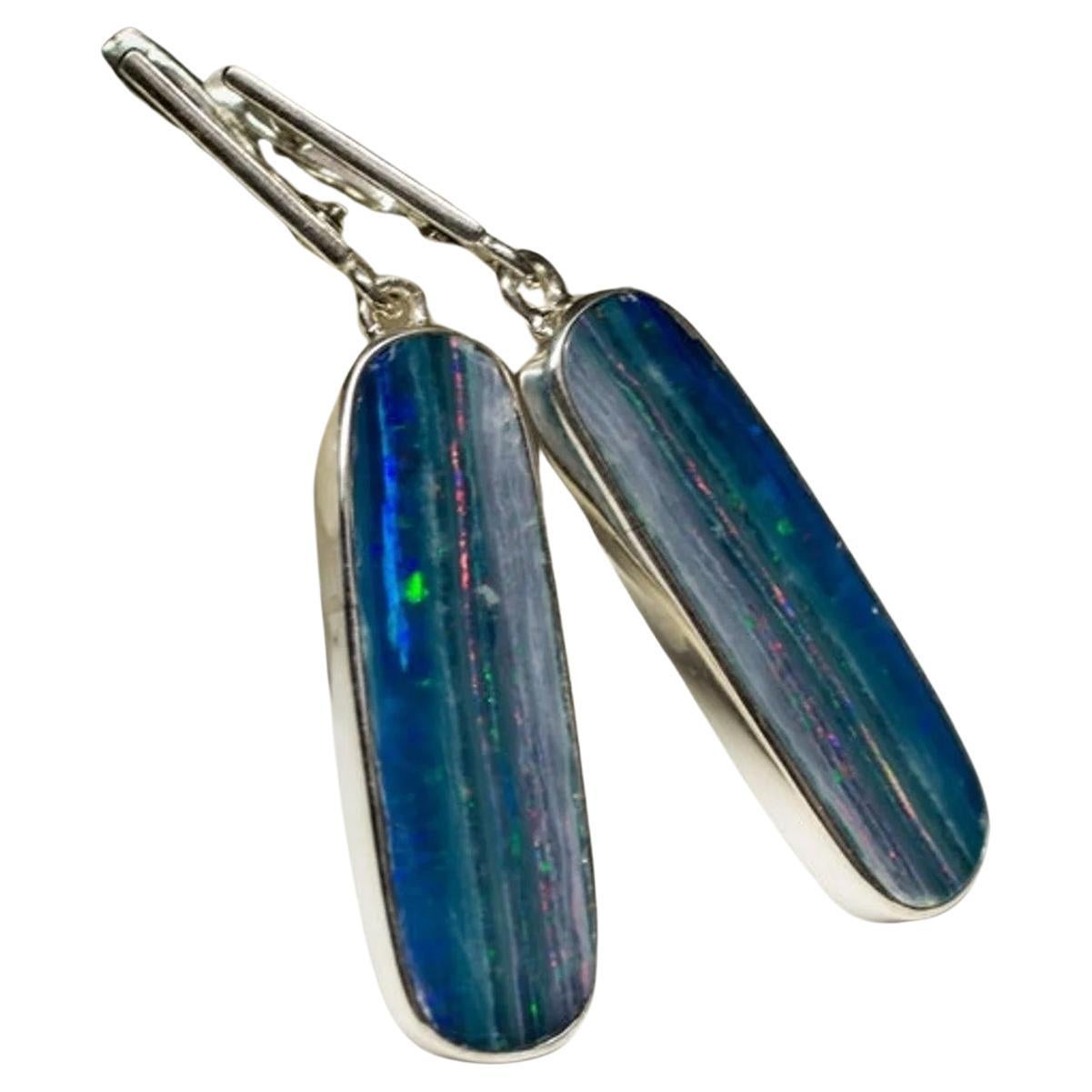 Doublet Opal Silver Earrings Tiger Stripe Pattern Sky Blue Multicolor Gemstone For Sale