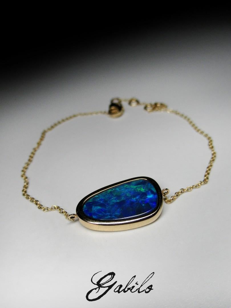 Cabochon Doublet Opal Yellow Gold Bracelet Deep Blue Natural Australian Gem Mermaid Style For Sale