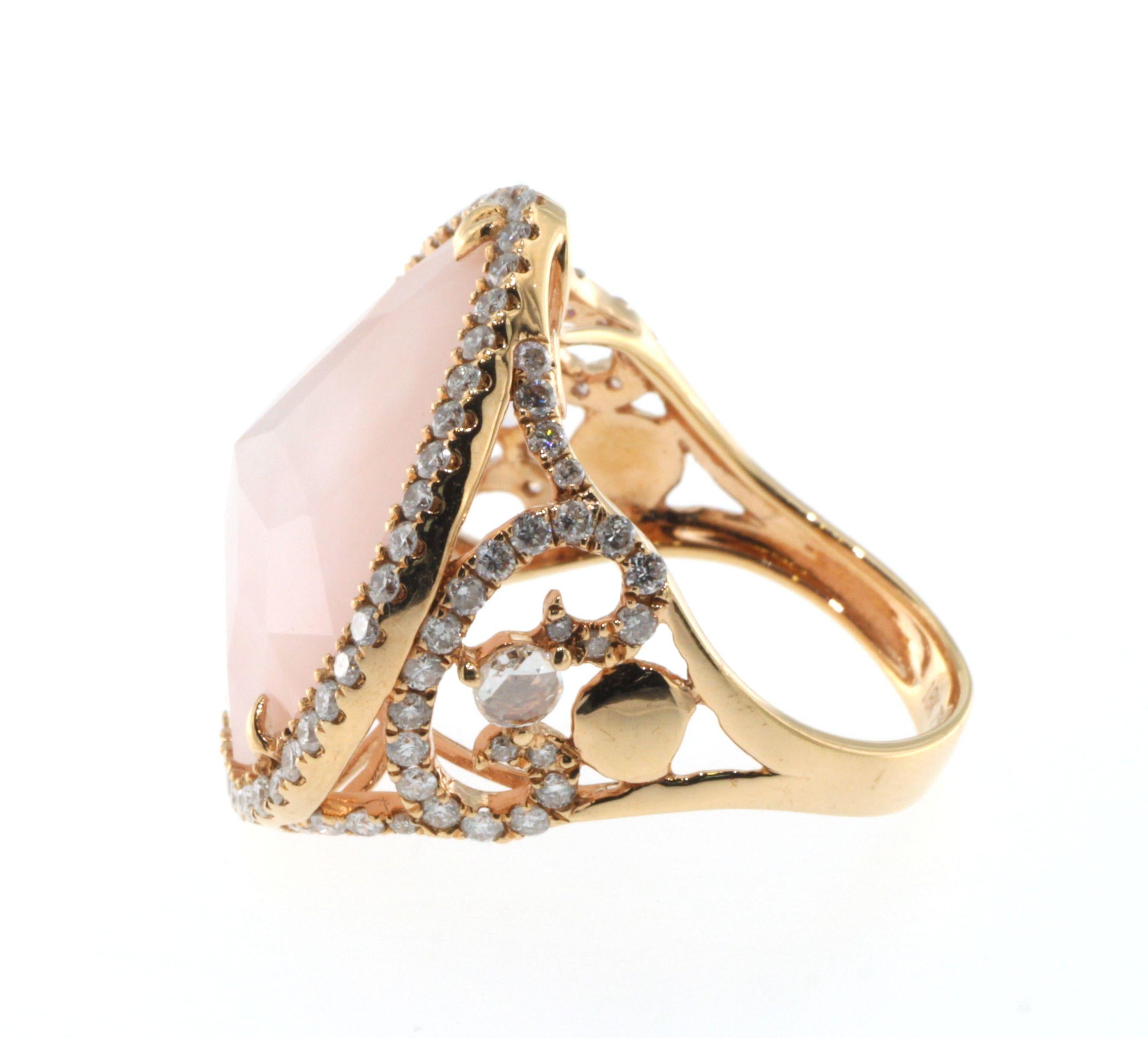 Artigiano Anello vintage con diamante e opale rosa doppio di 13,19ct in oro rosa 18 carati in vendita