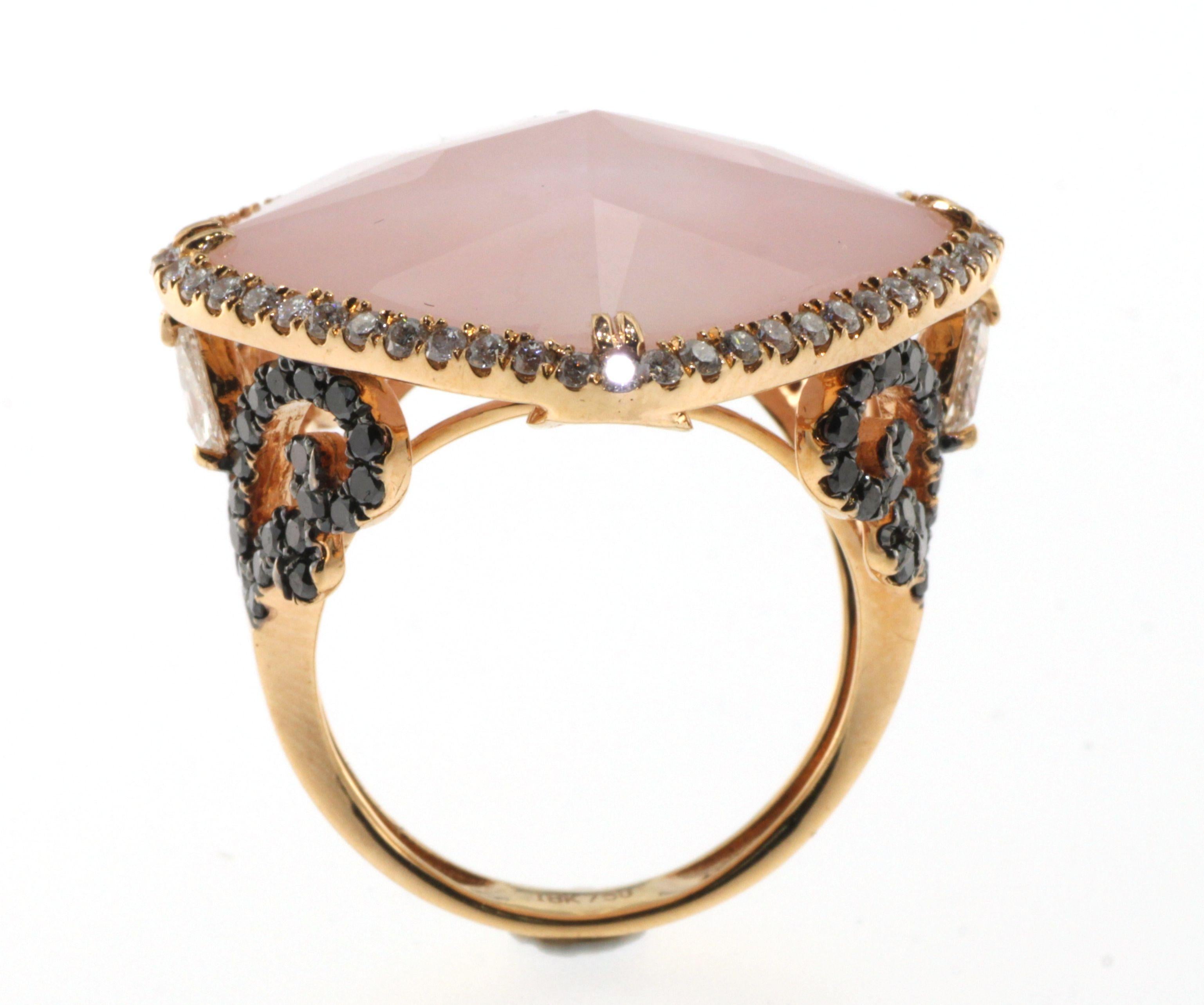 Art Deco Vintage 14.1ct Doublet Pink Opal Quartz Diamond Ring in 18 Karat Rose Gold For Sale
