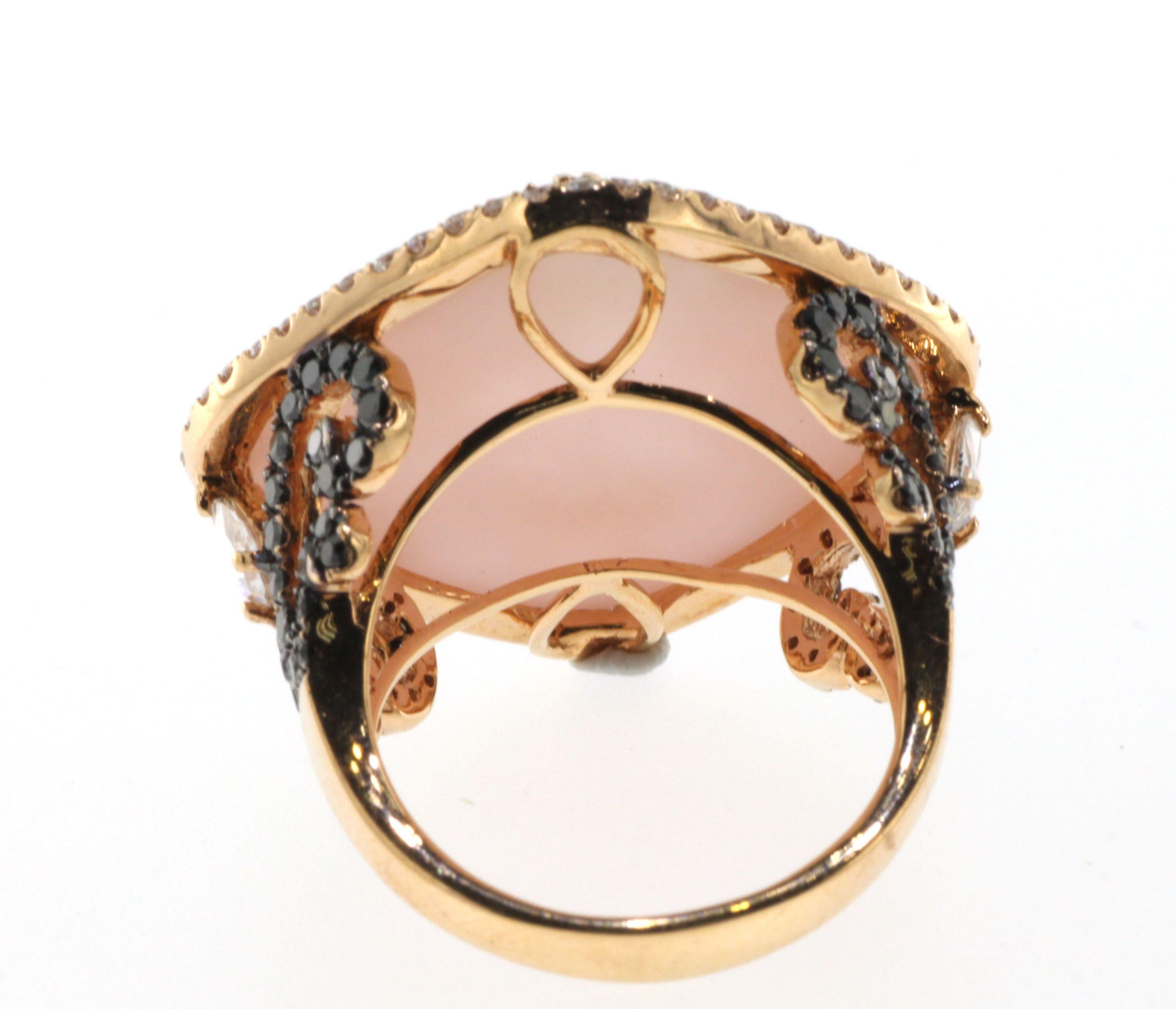 Cushion Cut Vintage 14.1ct Doublet Pink Opal Quartz Diamond Ring in 18 Karat Rose Gold For Sale